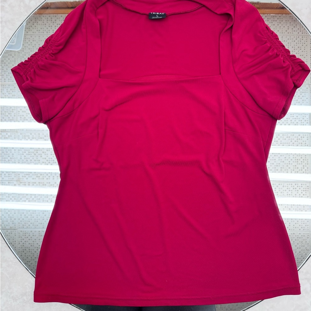 Red Square Neck Cap Sleeve Top from Tribal- LG